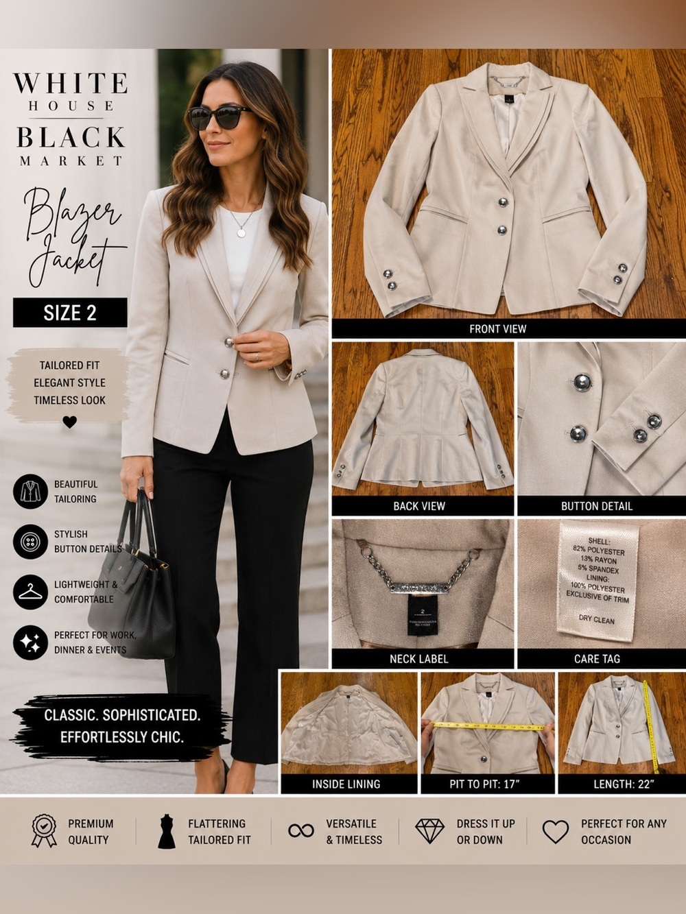 White House Black Market Champagne Tailored Blazer Size 2